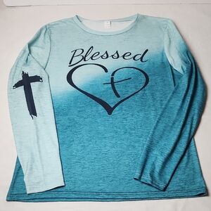 Blue Gradient Long Sleeve Shirt with Heart and Cross Design Size Large